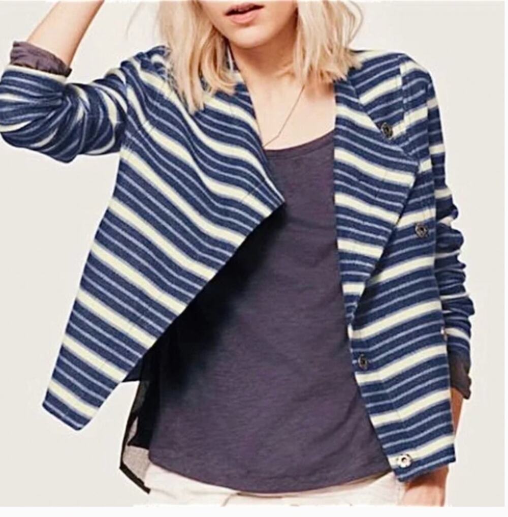 Lou & Grey Blue Ivory Striped Moto Sweatshirt Snap Jacket Sweater Blazer S Small